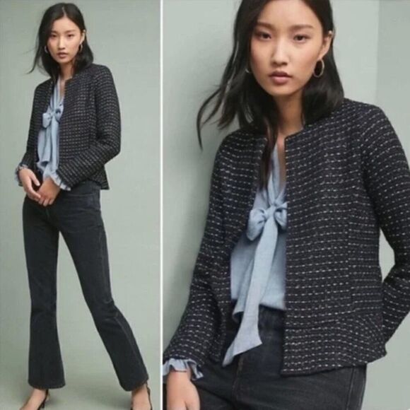 Dolan Left Coast Collection Womens Tweed peplum blazer Open Front- Navy Sz M NWT - Picture 1 of 10